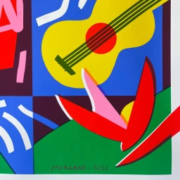 Colorful screen print illustration by Virginie Morgand featuring a yellow guitar, abstract red petals, and bold geometric color blocks.