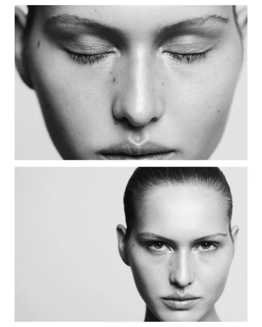 Close-up diptych portrait of a fair-skinned young woman with closed eyes and then open eyes, against a light background, in black and white.