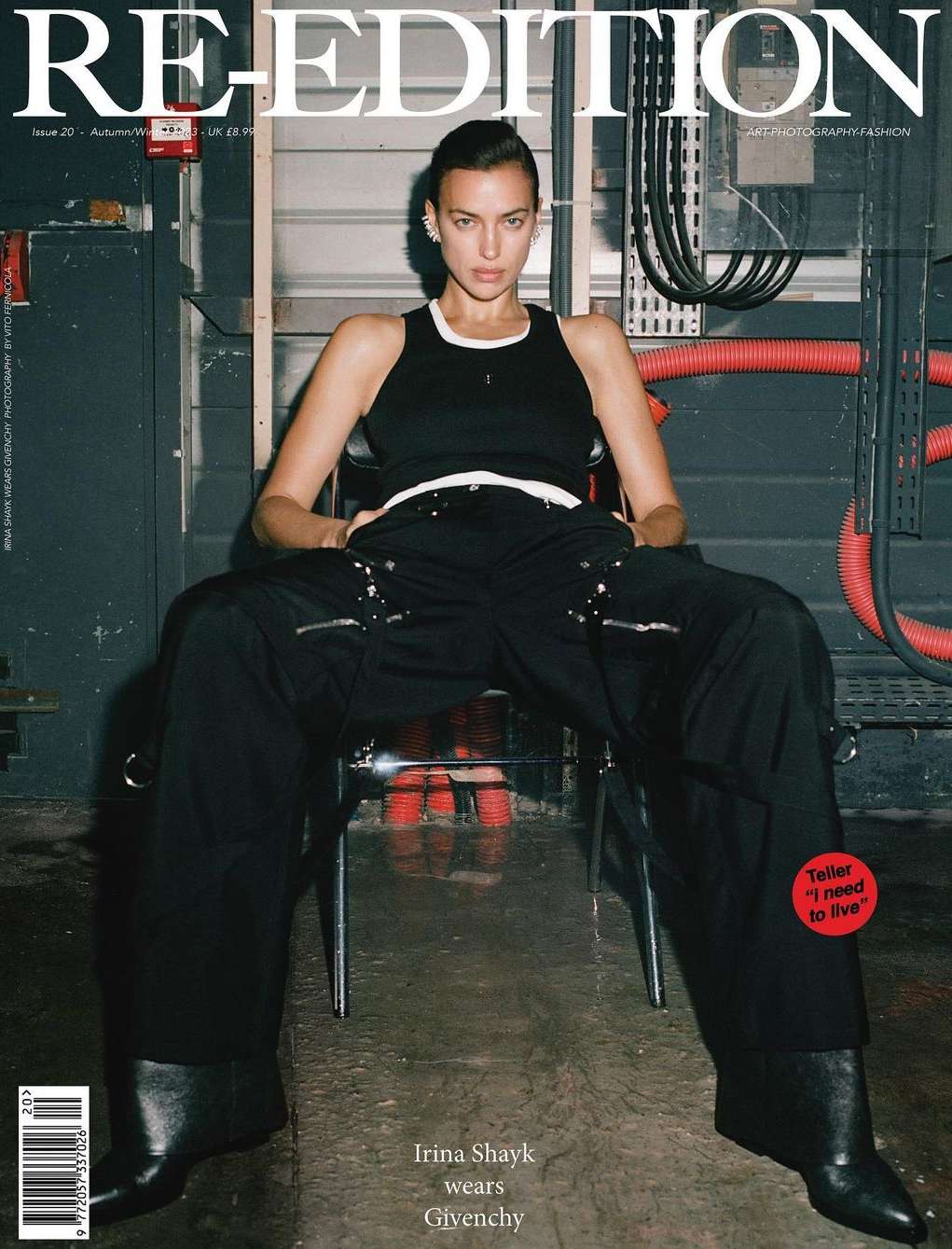 Irina Shayk wears Givenchy in a studio fashion shot for Re-Edition Magazine, showcasing a black tank top and baggy trousers with black heeled boots.