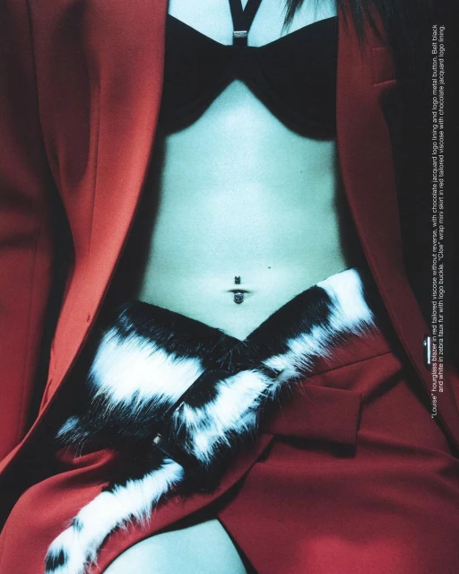 Fashion shot features a woman's torso wearing a black bra, red jacket and skirt with zebra faux fur. The background is out of focus.