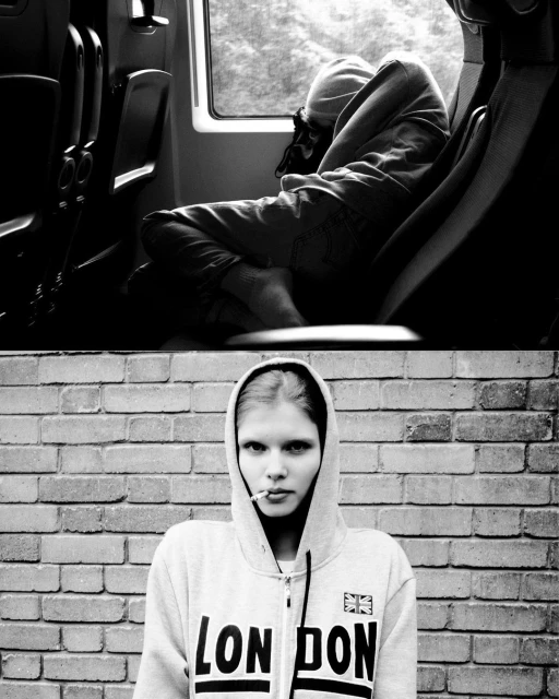 Black and white split-screen: person sleeping on a train seat and person with hooded sweatshirt against a brick wall looking at camera.