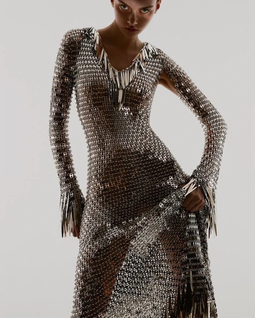 A slender woman poses in a full-length silver metallic dress with long sleeves in a fashion shot against a bright, neutral background.