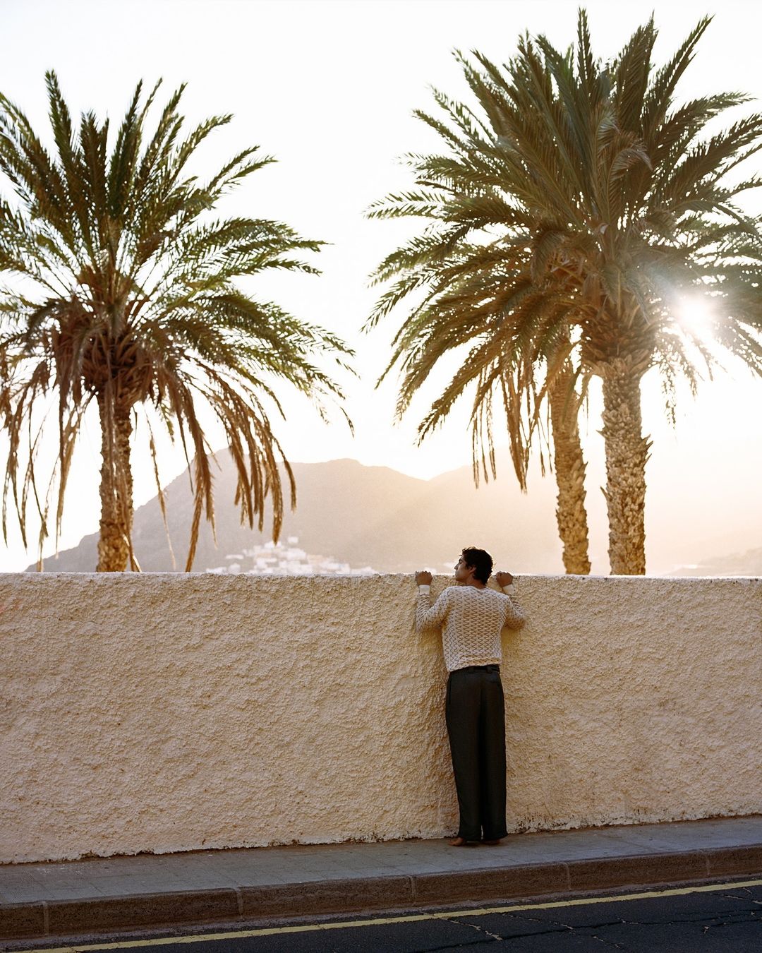 An adult male stands behind a white wall, peering over it, with palm trees and mountains in the background under a bright sky.