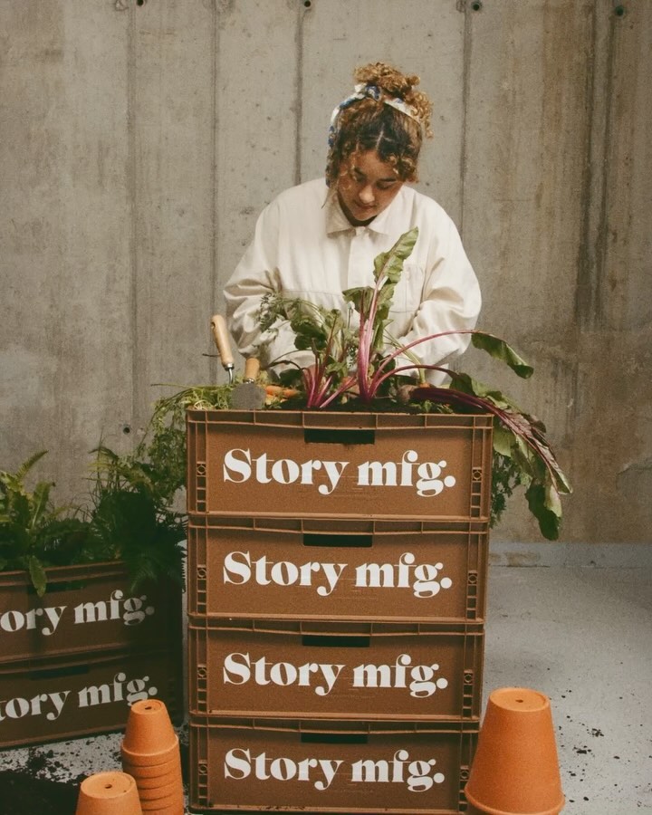 Adult female tending a crate garden with beet greens on a cement backdrop, wearing a white jacket, with terracotta pots nearby.