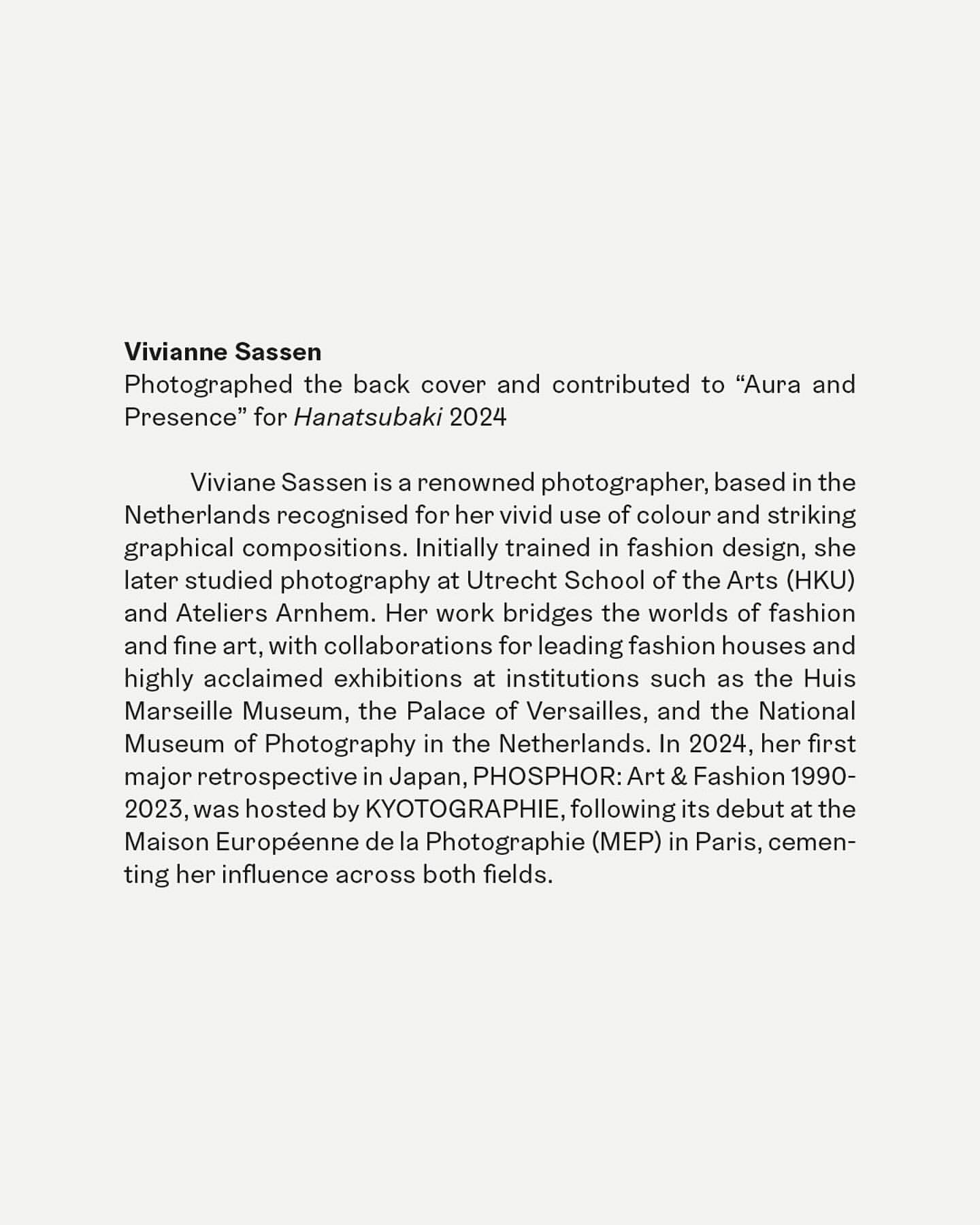 Text featuring information on photographer Vivianne Sassen, highlighting her photography background, exhibitions, and contributions to Hanatsubaki 2024.