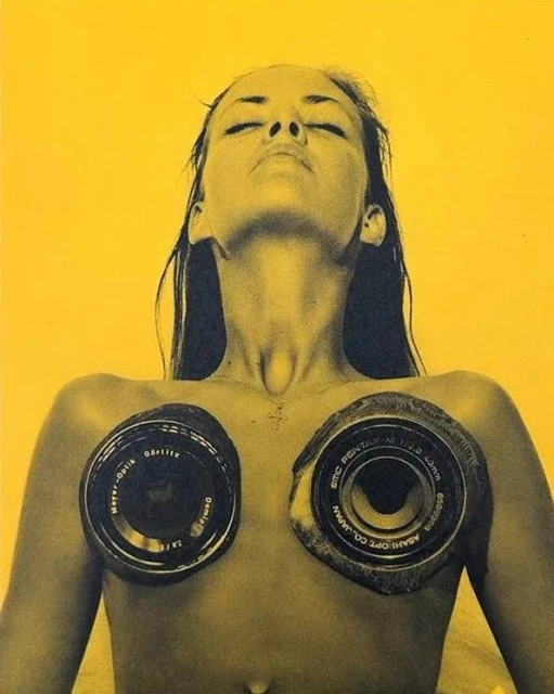 Artistic rendering of a topless woman in monochrome yellow tones, featuring camera lenses overlaid on her chest and face upwards.
