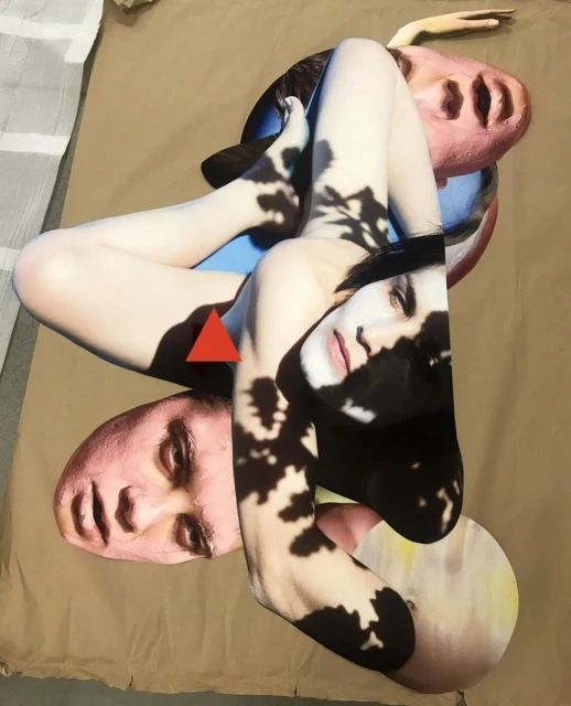 Abstract nude figure collage featuring a woman with leaf shadows, set against a backdrop of flesh-toned male faces and a brown sheet.