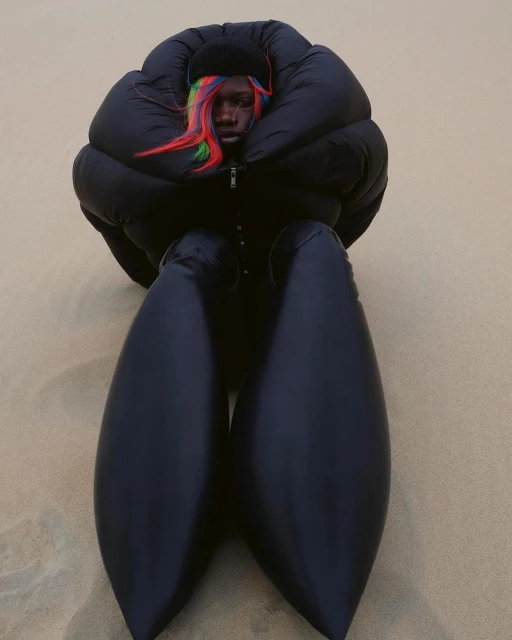 Person in oversized puffer jacket and pants sitting outdoors. The model is wearing a black beanie and has rainbow colored hair.