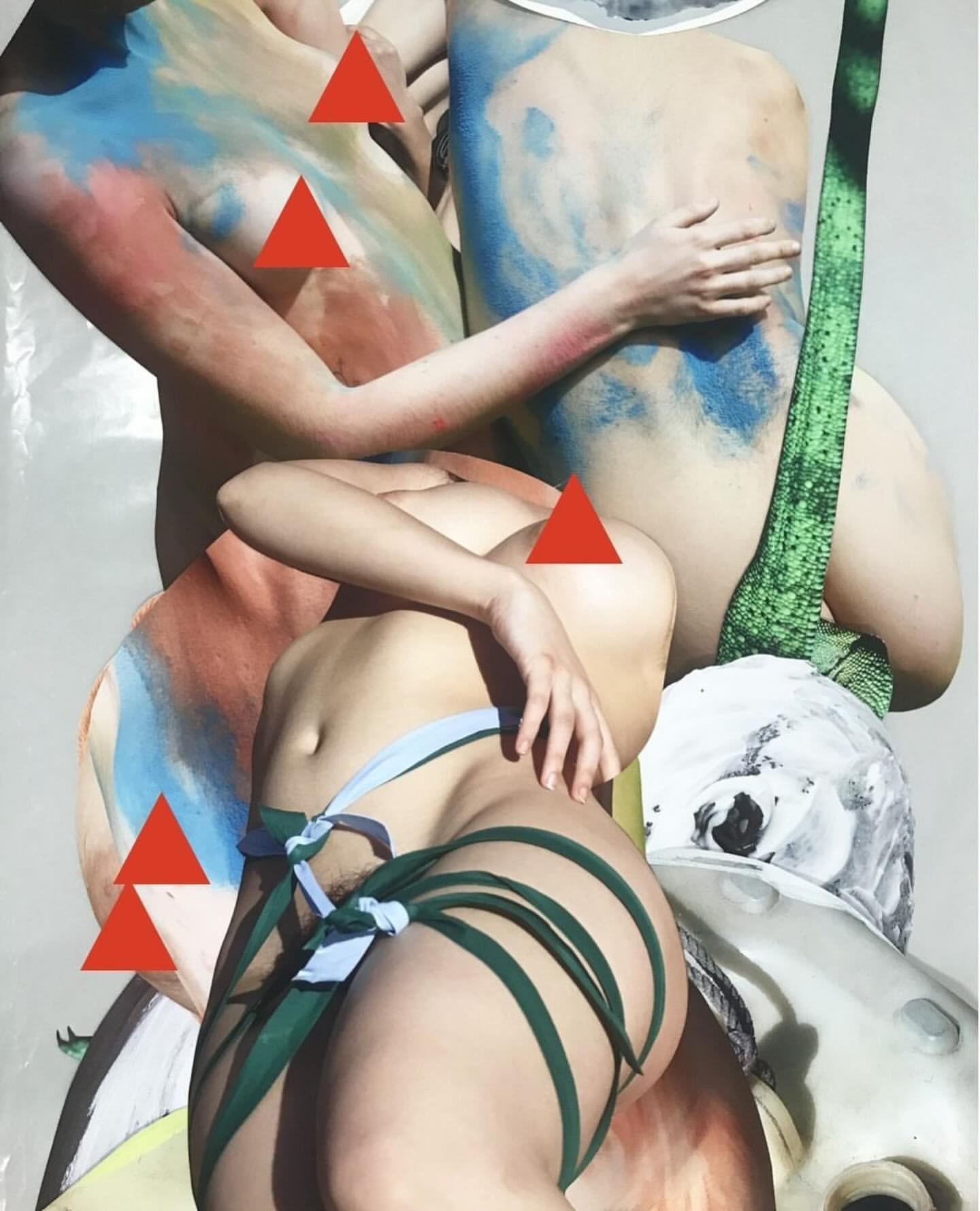 Abstract art collage featuring multiple nude human torsos with colorful paint textures and geometric shapes against a white background.