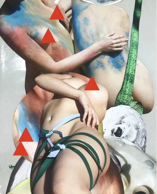 Abstract art collage featuring multiple nude human torsos with colorful paint textures and geometric shapes against a white background.