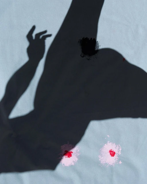 Abstract shadow of an arm and hand casting on off-white fabric, complemented by scattered red and pink paint splatters.