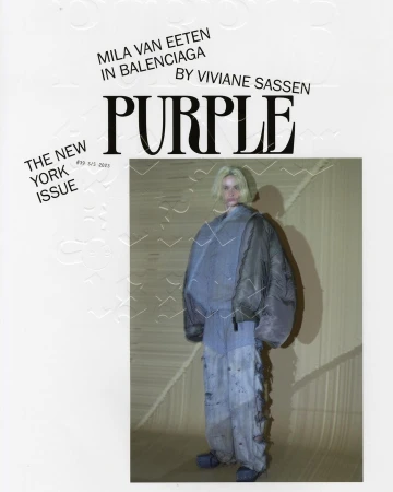 Purple Magazine cover featuring Mila Van Eeten in Balenciaga, photographed by Viviane Sassen, with pale blue and grey fashion.