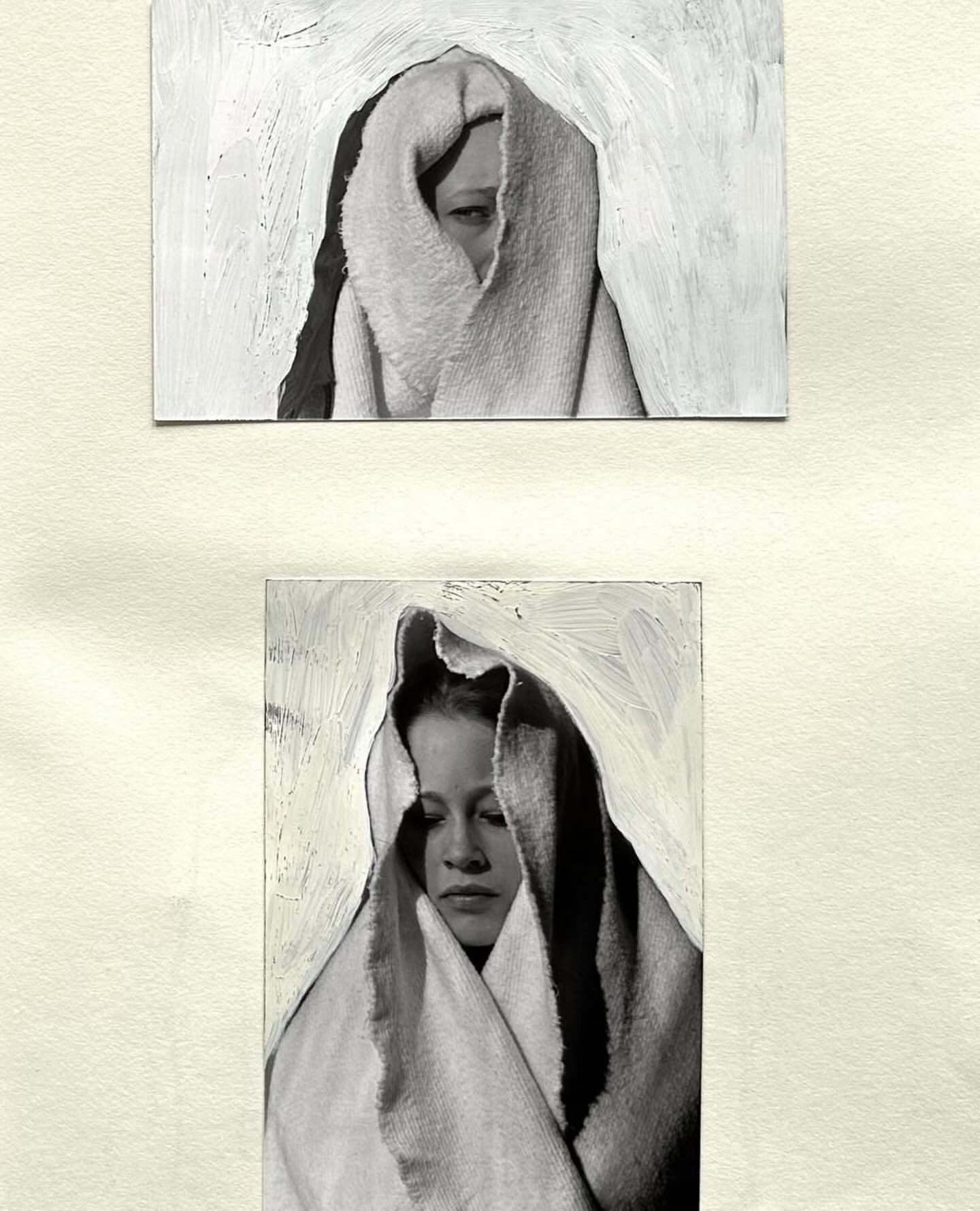 Two monochrome portraits of a woman with a head covering against an off-white background. One portrait is a partial face view.