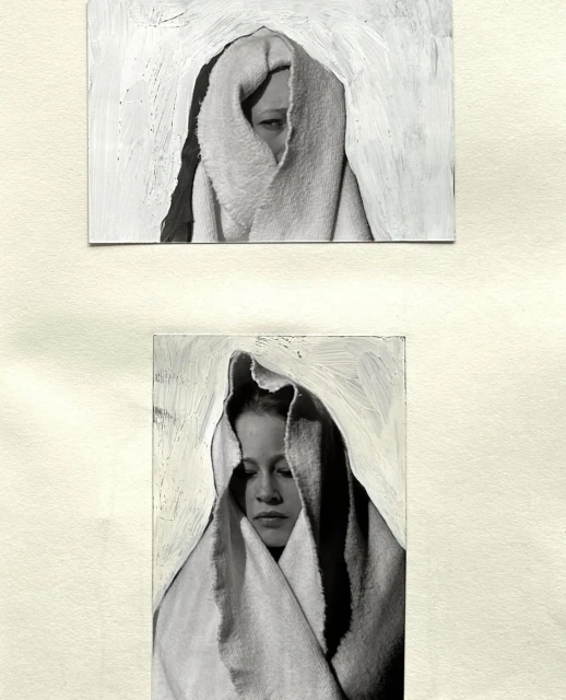Two monochrome portraits of a woman with a head covering against an off-white background. One portrait is a partial face view.