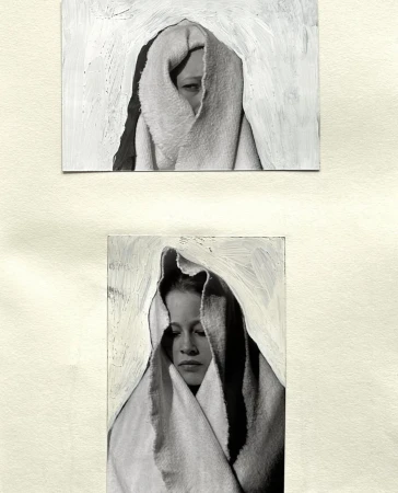 Two monochrome portraits of a woman with a head covering against an off-white background. One portrait is a partial face view.