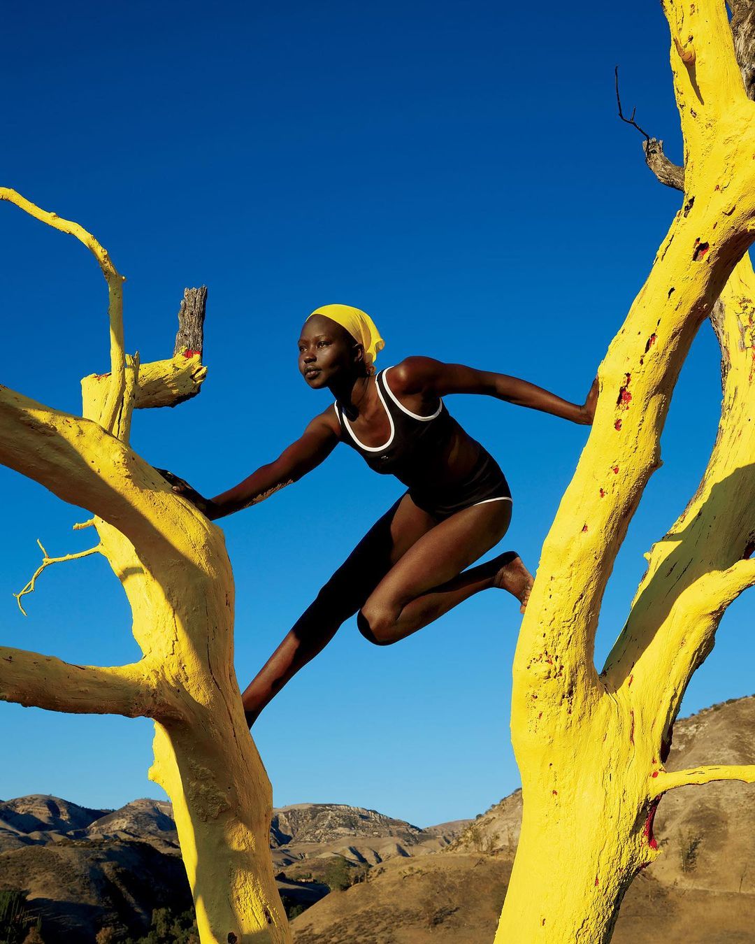Woman in athletic swimsuit poses in a yellow painted tree against a blue sky and mountain landscape backdrop during daylight.