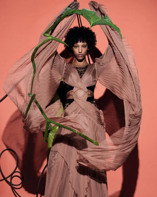 Fashion shot of a model in a flowing dress with elaborate sleeves and a climbing vine in front of a peach-colored backdrop in a studio.