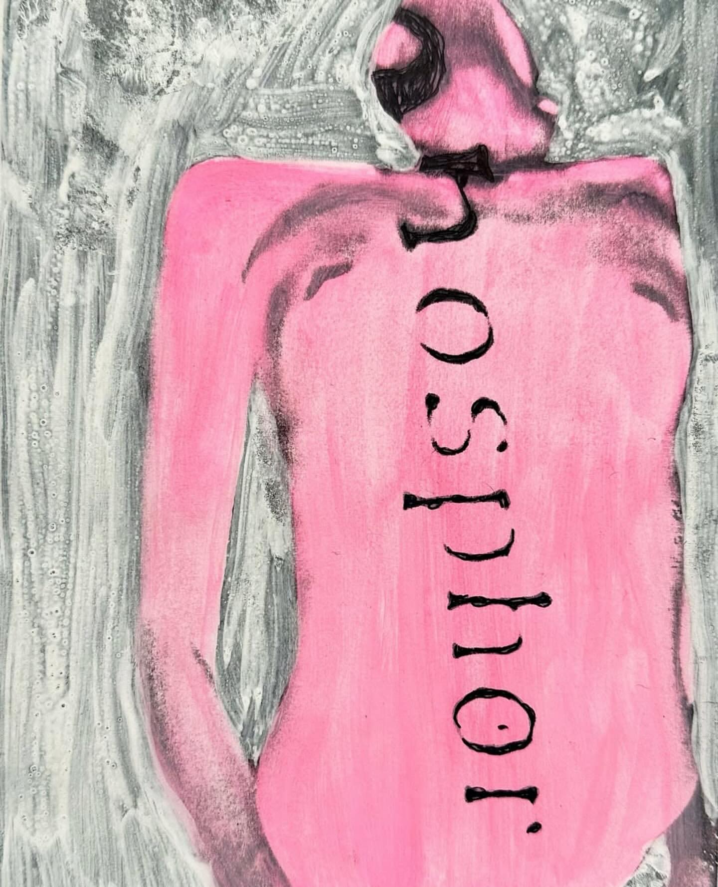 Contemporary art features a pink figure with text on its back, set against a textured white and gray background, created with art techniques.