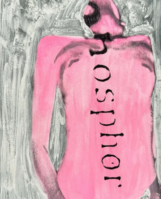 Contemporary art features a pink figure with text on its back, set against a textured white and gray background, created with art techniques.