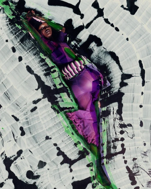 Woman lying down in a purple and green outfit against a painted backdrop of white and black brush strokes in an overhead shot.