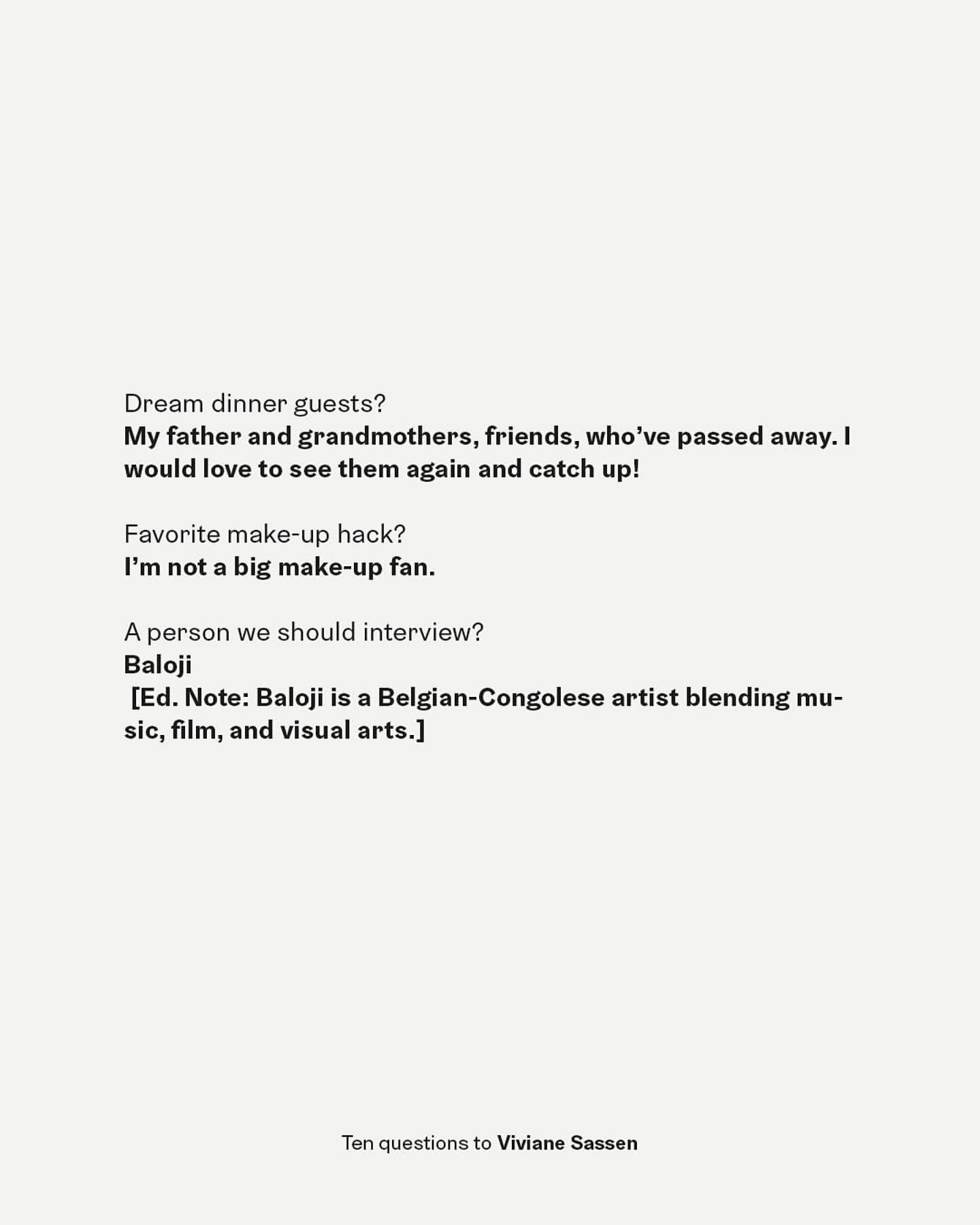 Text excerpt featuring a question-and-answer format about dream dinner guests and makeup preferences, attributed to Viviane Sassen.