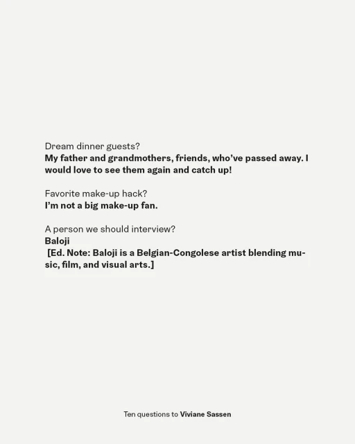 Text excerpt featuring a question-and-answer format about dream dinner guests and makeup preferences, attributed to Viviane Sassen.