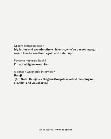 Text excerpt featuring a question-and-answer format about dream dinner guests and makeup preferences, attributed to Viviane Sassen.