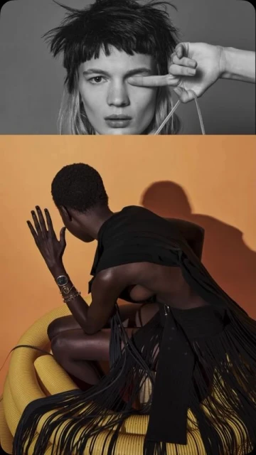 Split image showcasing two fashion poses: a woman with a short haircut and a hand obscuring an eye, and a woman crouching.