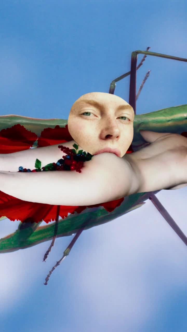 Surreal portrait featuring a woman's head and partial torso adorned with red flower petals and berries against a light blue sky backdrop.