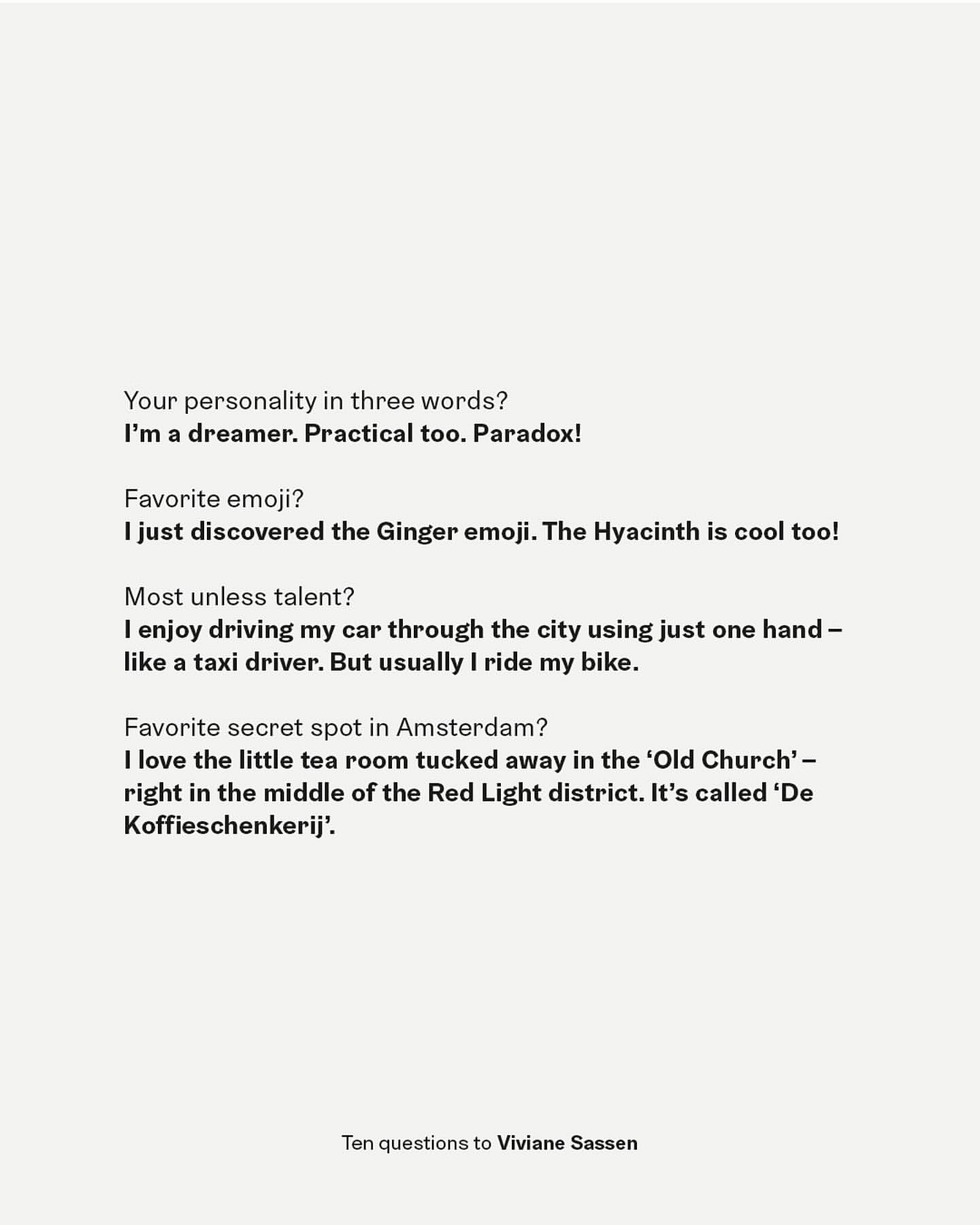 Text-based image featuring 'Ten questions to Viviane Sassen' with a conversational tone about personality, interests, and favorite places.