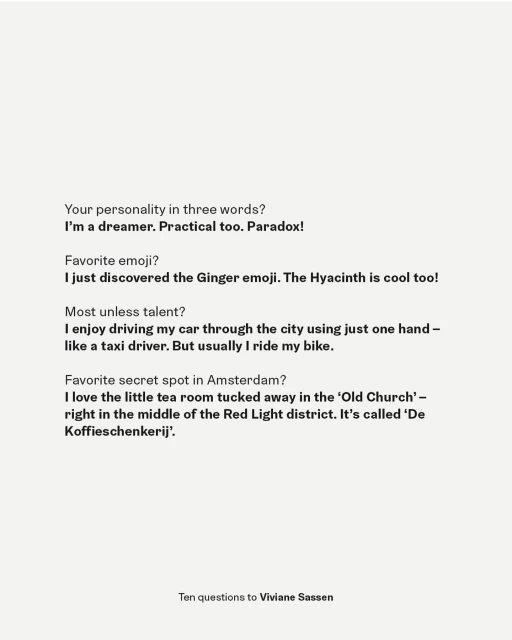 Text-based image featuring 'Ten questions to Viviane Sassen' with a conversational tone about personality, interests, and favorite places.