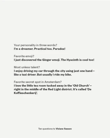 Text-based image featuring 'Ten questions to Viviane Sassen' with a conversational tone about personality, interests, and favorite places.