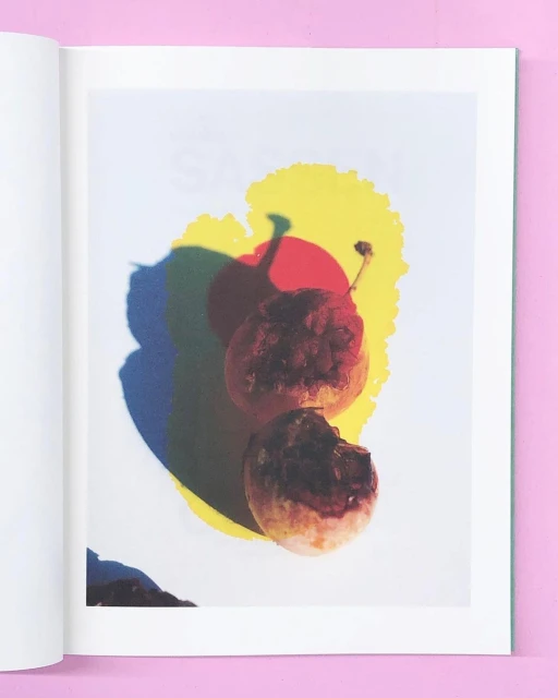 Studio shot of two apples showing decay with color gels creating blue, yellow, and red shadows on a white surface.