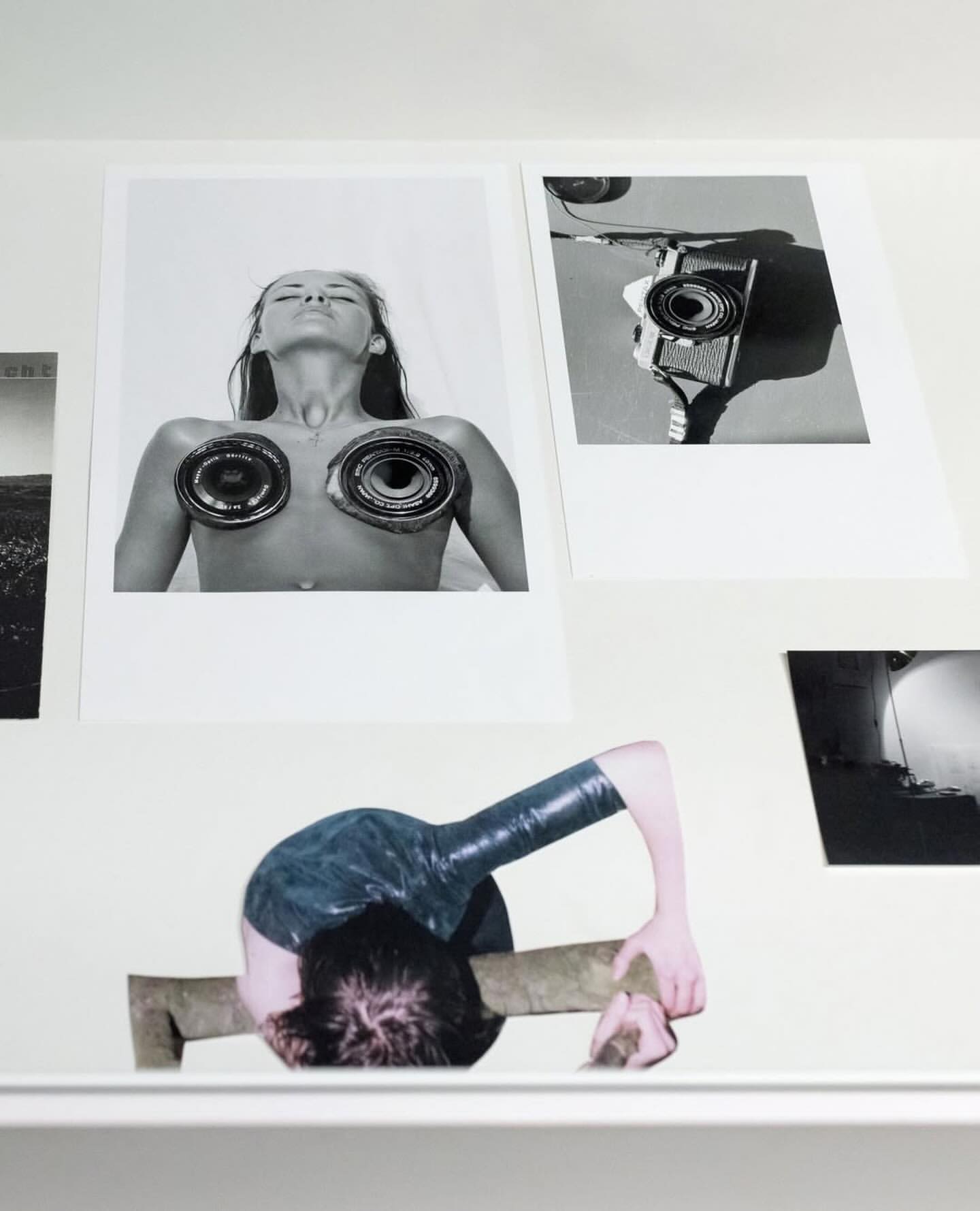 Monochrome collage featuring two photographic prints: one of a person and one of a camera, alongside an assemblage with a person.