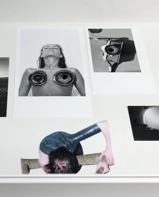 Monochrome collage featuring two photographic prints: one of a person and one of a camera, alongside an assemblage with a person.