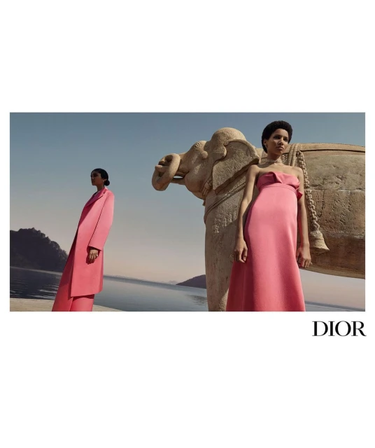 Two fashion models in pink dresses pose next to an elephant sculpture against an outdoor waterscape with the DIOR logo below.