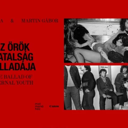 Album cover with group of young adults in monochrome; band name and album title in red on left; a vintage, gritty aesthetic.