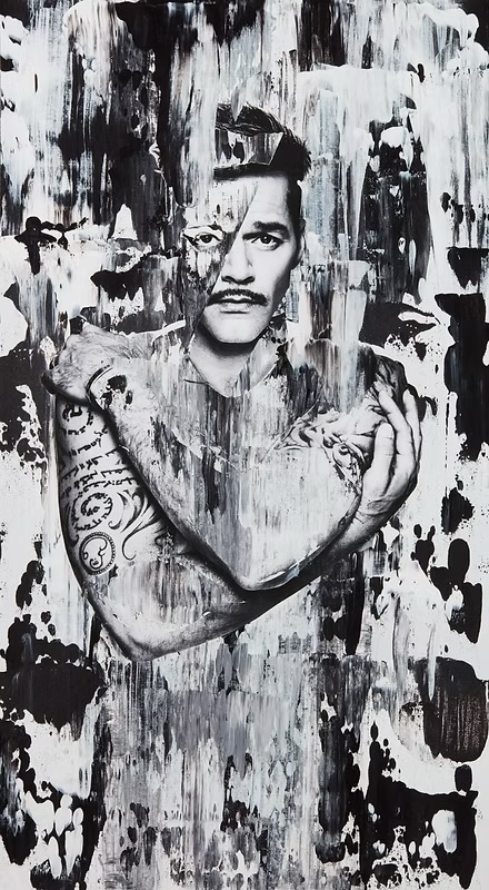 Monochrome artwork featuring a man with a mustache, tattoos, and folded arms against a textured black and white abstract background.