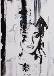 Monochrome portrait of a woman with mixed media painted textures overlaying her face and hair.