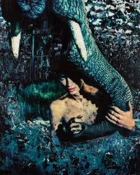 Portrait of a person holding an elephant trunk in a textured blue water scene photographed by Warwick Saint