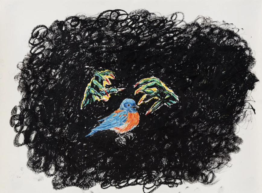 Drawing of a bluebird perched in front of two green, clawed hands, set against a black charcoal-like background on white paper.