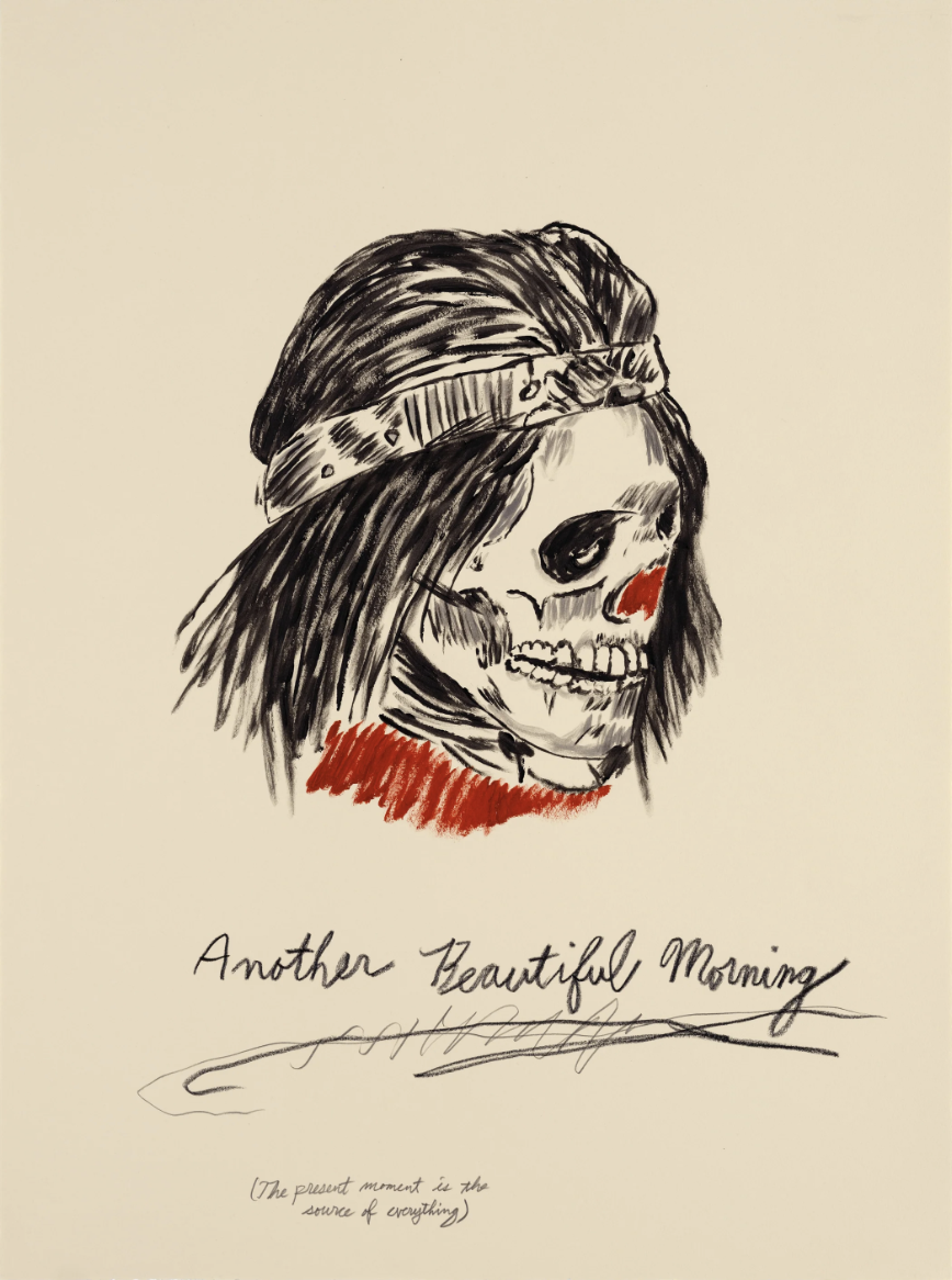 Illustration of a skull with a red nose, wearing a head covering, and with text “Another Beautiful Morning” on a light background.