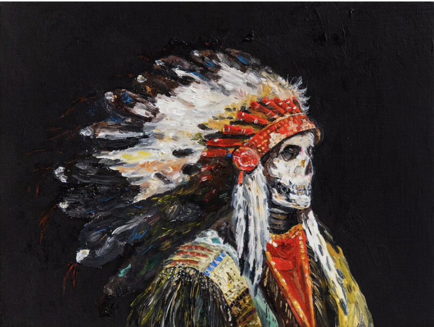 Painting of skeleton figure wearing Native American headdress and tribal attire against a black background, in expressive brushstrokes.