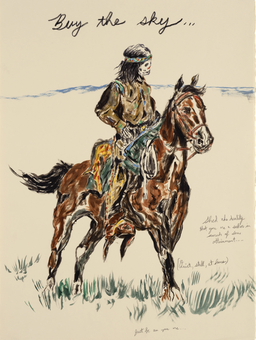 Illustration of a skeleton riding a horse across a grassy plain beneath a sky, capturing a blend of artistry and Western themes.