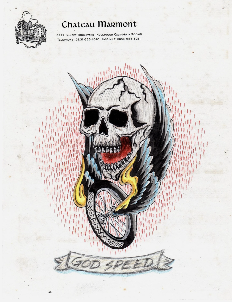 Artistic rendering of a skull with wings and a wheel, set against a light background featuring the Chateau Marmont logo and address.