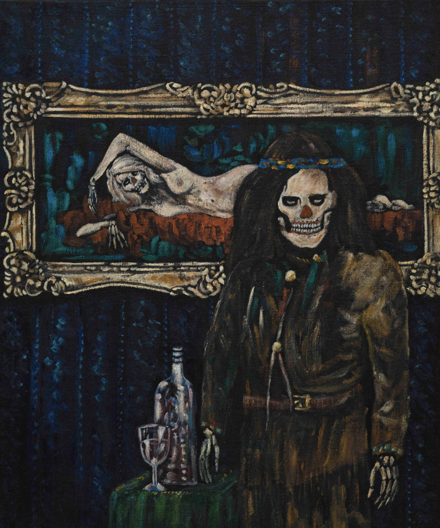 Oil painting of a skeleton in front of a framed artwork depicting a reclining skeletal figure, with a bottle and wine glass on a table.