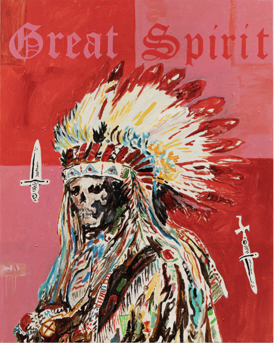 Artistic painting of a figure with a skull face wearing a Native American headdress, set against a vibrant red and pink background.