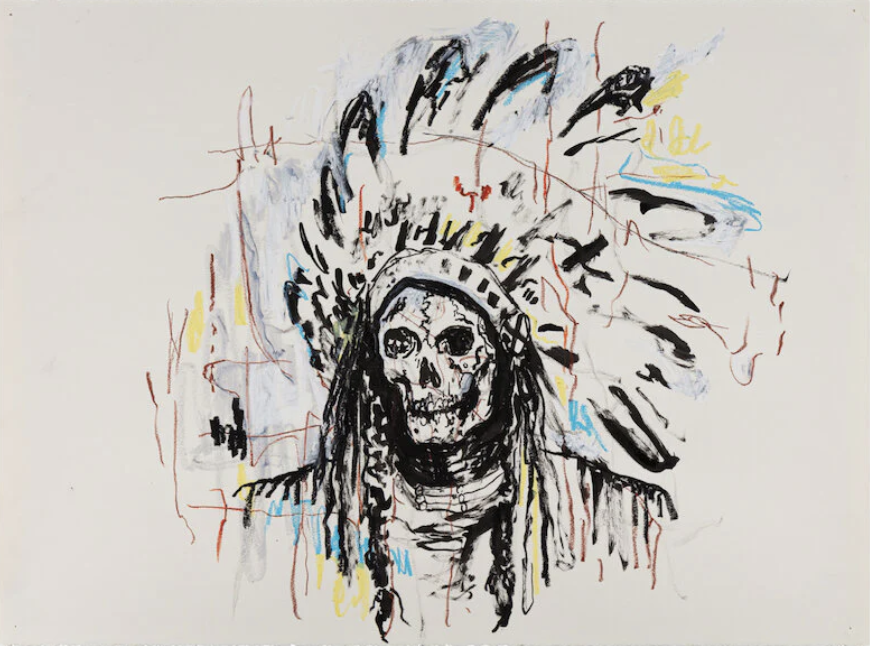 Artistic drawing of a human skull wearing a headdress with feathers and painted details on a white background.