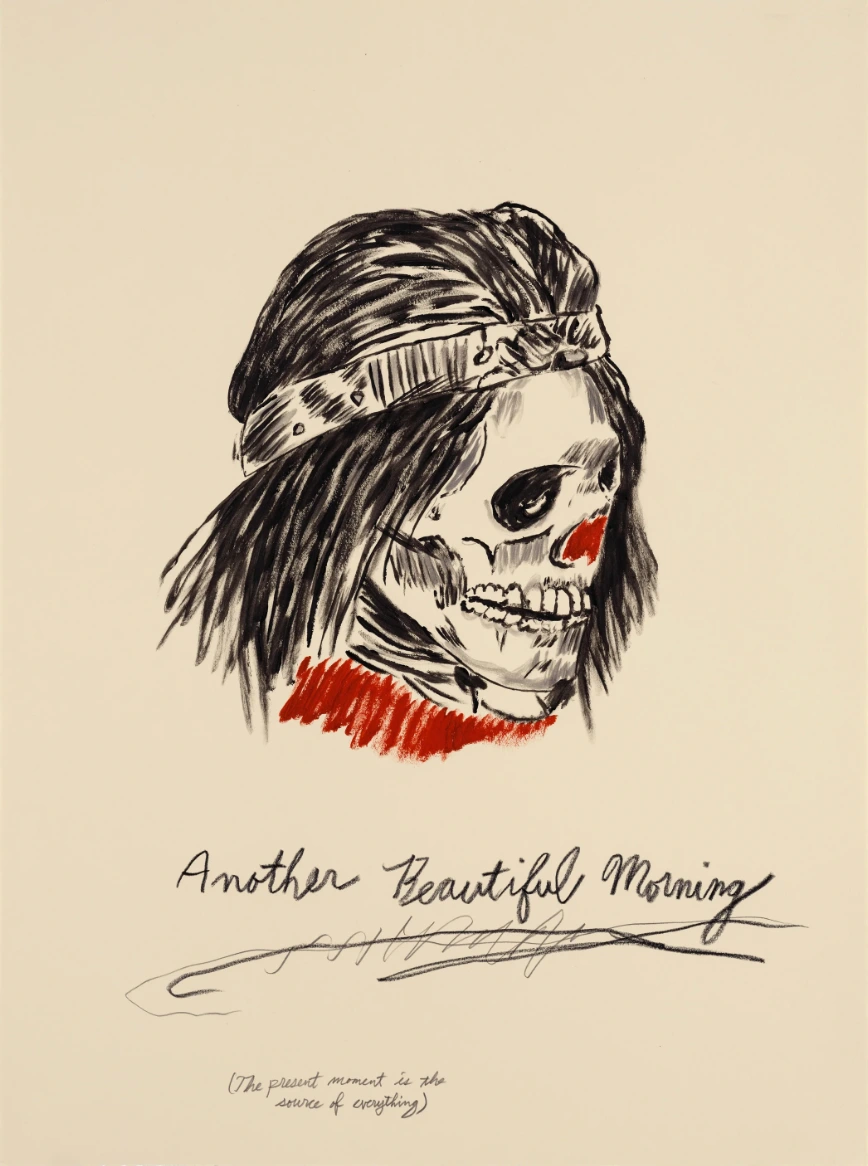 Ink and paint illustration of a skull head with dark hair and a headband against an off-white paper background