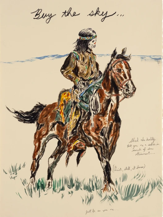 Illustration by Wes Lang featuring a figure on horseback with handwritten text reading Buy the sky against a cream background.